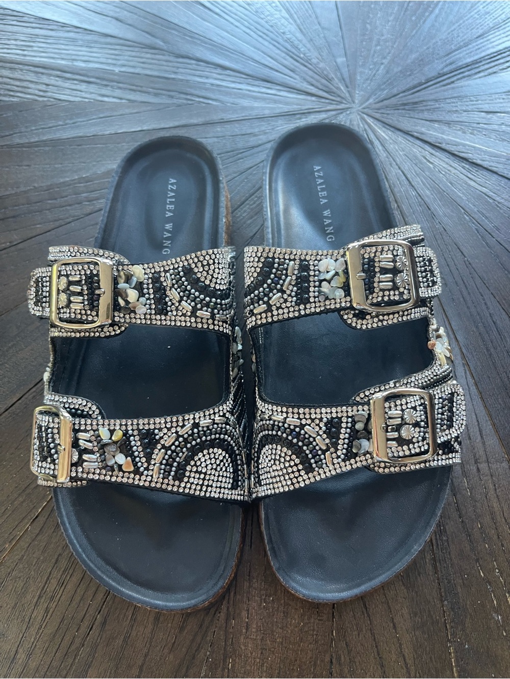 Azalea Wang Black Embellished Double-Buckle Slide Sandals